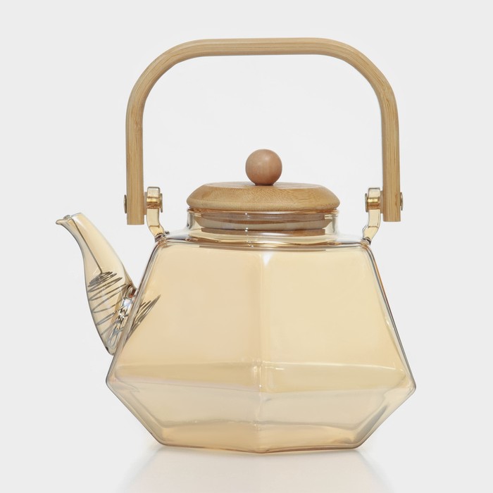 чайник стеклянный заварочный с бамбуковой крышкой и металлическим фильтром октогон 800 мл Чайник стеклянный заварочный с бамбуковой крышкой и металлическим фильтром «Октогон», 1,2 л, цвет золотой