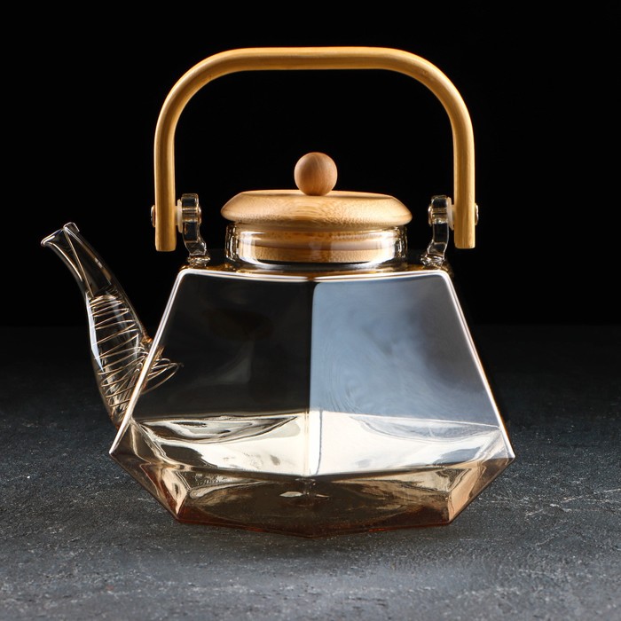 Чайник стеклянный заварочный с бамбуковой крышкой и металлическим фильтром «Октогон», 1,5 л, цвет золотой чайник заварочный pomi d oro p250088 neri стеклянный с фильтром пружиной и бамбуковой крышкой 1200м