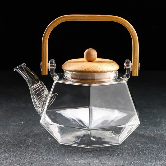 Чайник стеклянный заварочный с бамбуковой крышкой и металлическим фильтром «Октогон», 800 мл