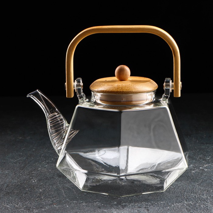 чайник заварочный стеклянный 2200мл с бамбуковой крышкой attribute tea att270 Чайник стеклянный заварочный с бамбуковой крышкой и металлическим фильтром «Октогон», 1,2 л