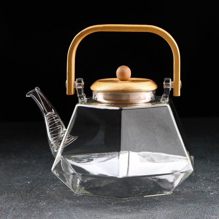 Чайник стеклянный заварочный с бамбуковой крышкой и металлическим фильтром «Октогон», 1,5 л