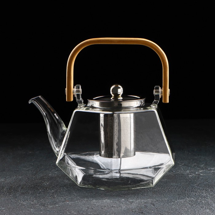 чайник заварочный стеклянный 2200мл с бамбуковой крышкой attribute tea att270 Чайник стеклянный заварочный с бамбуковой крышкой и металлическим ситом «Октогон», 1,2 л