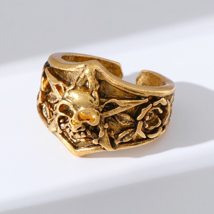 Кольцо «Перстень» череп с цветами, цвет чернёное золото, безразмерное