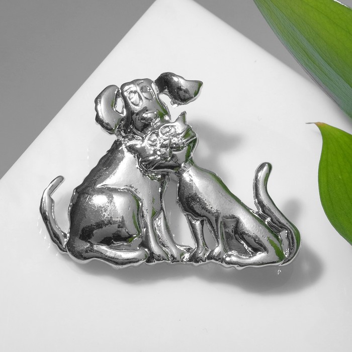 Брошь «Друзья» кот с собакой, цвет серебро