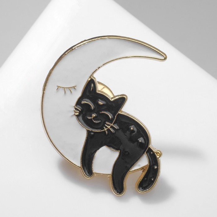 Значок «Кот» на Луне, цвет чёрно-белый в золоте значок котики цвет чёрно белый в золоте