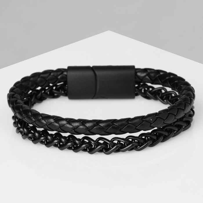 Браслет унисекс «Мощь» две косы, цвет чёрный с чёрным металлом, 21,5 см
