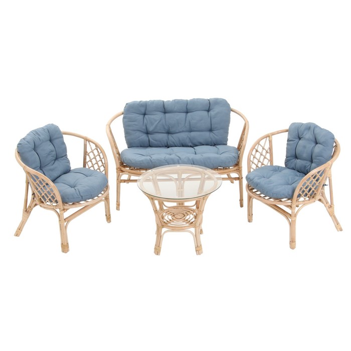 Набор садовой мебели Bagama: 2 кресла, диван, стол, ротанг светлый, подушки серо-голубые