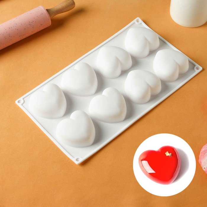 Форма для муссовых десертов и выпечки KONFINETTA «Сердца», 30×17,5×3 см, 8 ячеек, ячейка 6,2×6 см, цвет белый