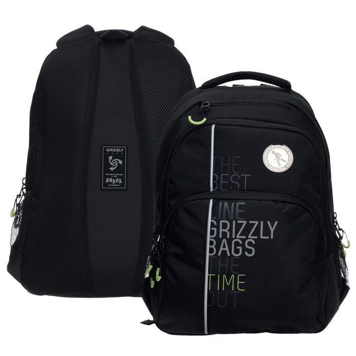 Рюкзак молодёжный Grizzly, 45 х 32 х 23 см, эргономичная спинка, чёрный, салатовый рюкзак молодёжный 48 х 32 х 18 см эргономичная спинка merlin xs9233 серый
