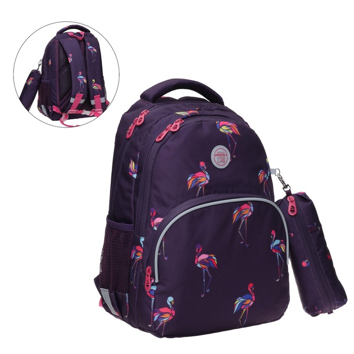фото Рюкзак школьный grizzly "фламинго", 40 х 27 х 20 см, эргономичная спинка, отделение для ноутбука, фиолетовый