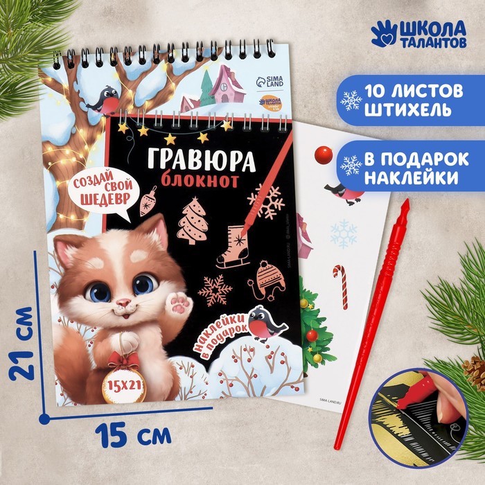 Блокнот-гравюра «Новогодний котик», 10 листов + лист наклеек