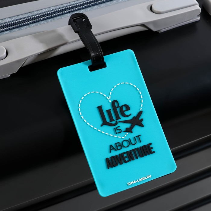 фото Бирка на чемодан резиновая "life is about adventure", бирюзовая, 6.5 х 10.4 см