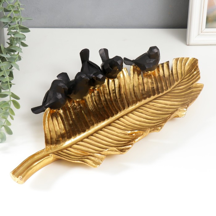 Сувенир полистоун подставка Пять чёрных птиц на золотом листе 7,5х19х42 см