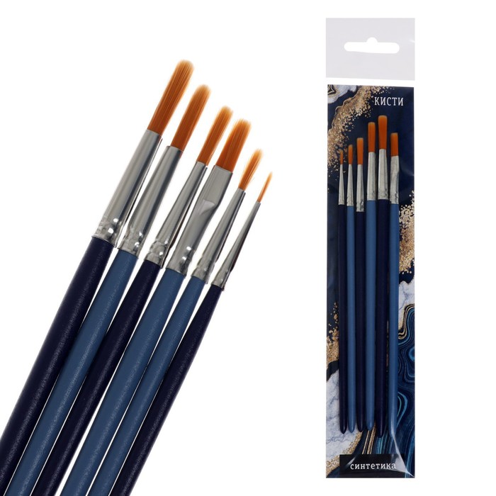 фото Набор кистей синтетика 6 штук (круглые №: 1, 2, 3, 4, 5; плоские № 6) цветные деревянные ручки , calligrata №6