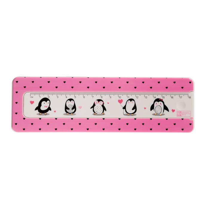 фото Пенал пластиковый футляр с линейкой 64*210 феникс "пингвины" дев розовый 53902 феникс+