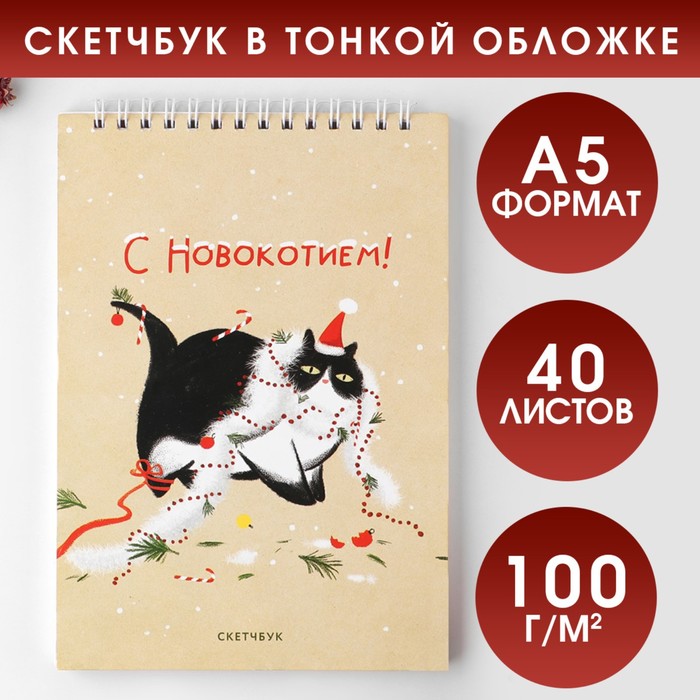 Скетчбук в тонкой обложке на гребне «С Новокотием!», А5, 40 листов, 100г/м2