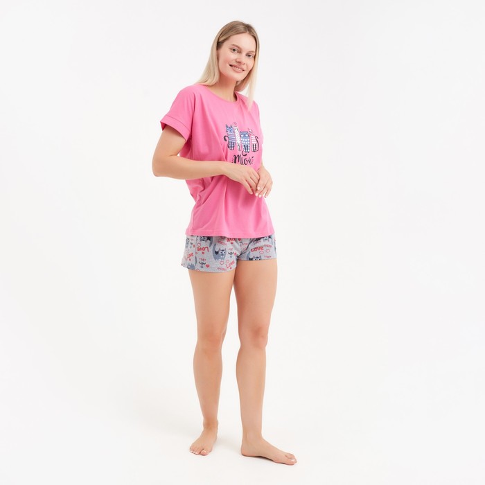 фото Комплект домашний женский "кошки" (футболка/шорты), цвет розовый/серый, р-р 52 комфорт