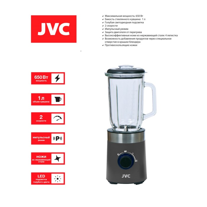 Блендер JVC JK-SB5205, стационарный, 650 Вт, 1 л, 2 скорости, стекло, цвет графит