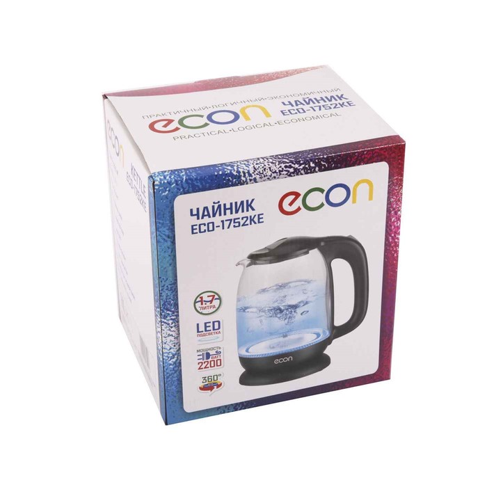 Чайник электрический Econ ECO-1752KE, 2200Вт, стекло, 1,7 л, цвет чёрный