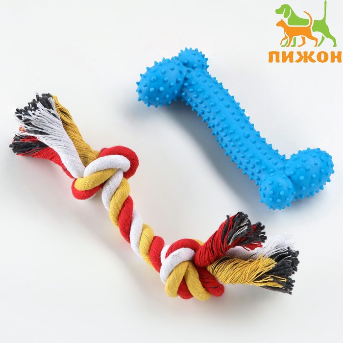 фото Набор игрушек для средних собак "кость (16 см) и канат (90-100 г)",голубая пижон