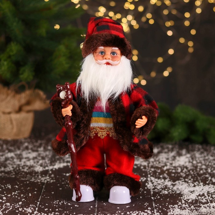 фото Дед мороз "в полосатом свитере и с посохом" 27 см, двигается, красно-коричневый зимнее волшебство