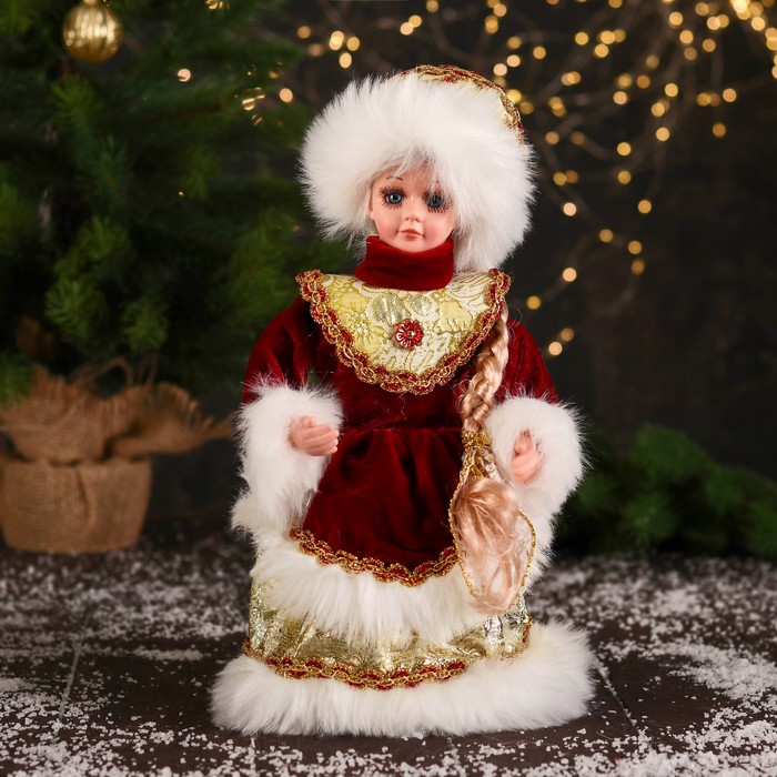 фото Снегурочка "с цветами на платье и кокошнике" двигается, 30 см, бело-красный зимнее волшебство
