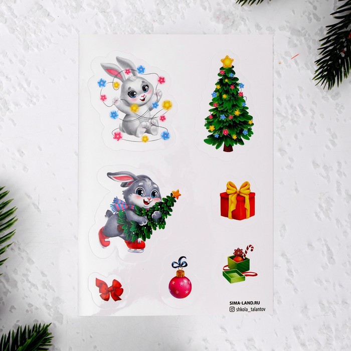 Блокнот- гравюра "Новый год" кролик, 10 листов, лист наклеек, штихель
