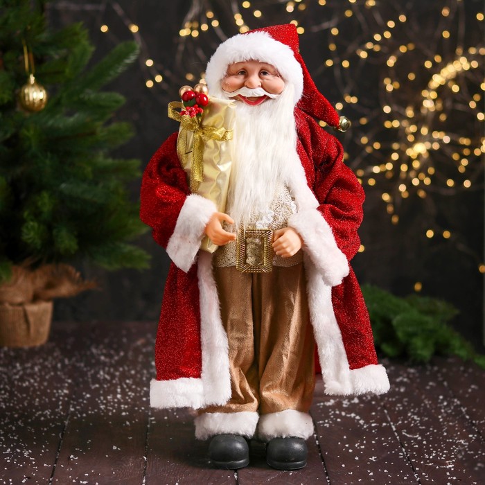 дед мороз в пушистой шубе колпачке с подарком 47 см бело золотой Дед Мороз В колпачке, подарком и ягодами 46 см, красный