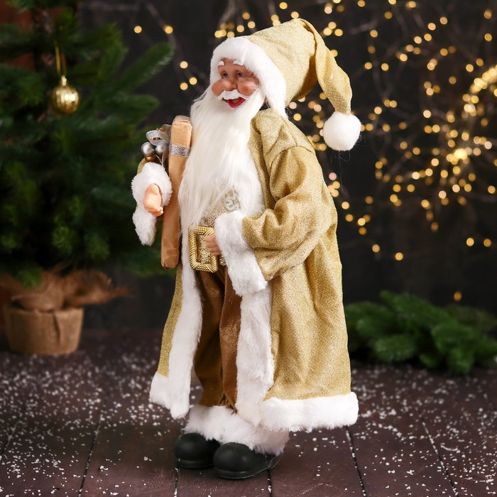 Дед Мороз "В колпачке, подарком и ягодами" 46 см, золотой