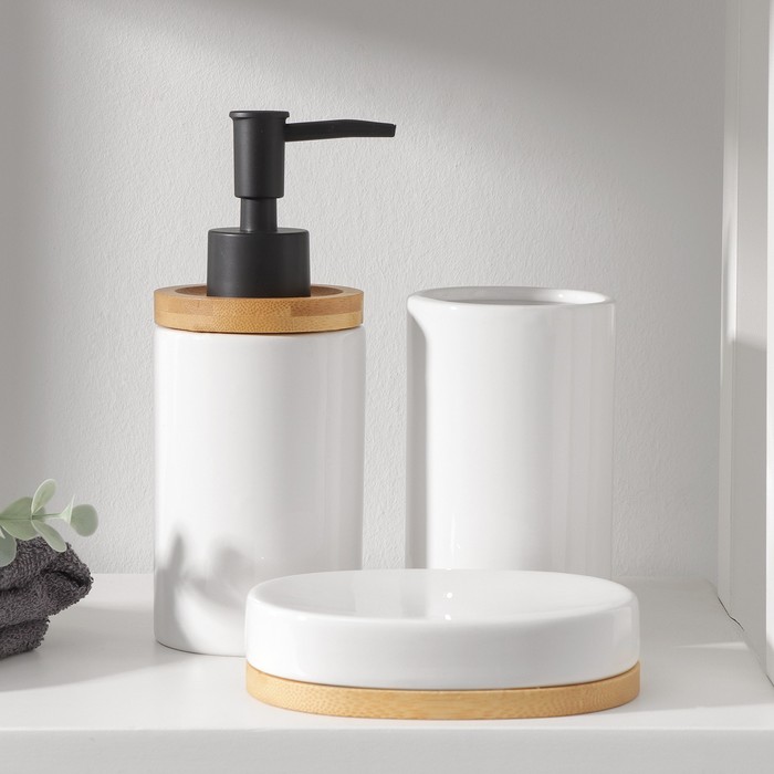 фото Набор для ванной savanna «джуно», 3 предмета (мыльница, дозатор для мыла, стакан), цвет белый