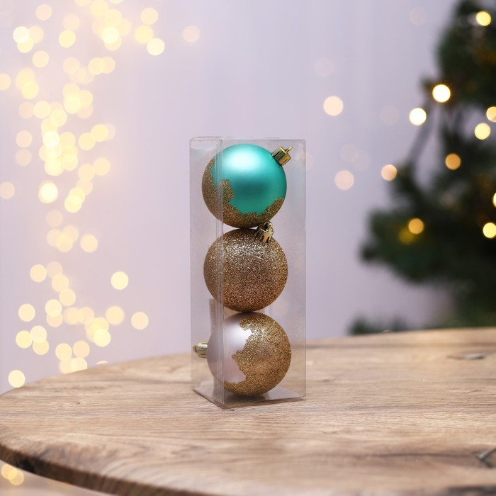 фото Набор шаров "золотая поталь", тиффани и розовый, 3 штуки, d-6, пластик зимнее волшебство