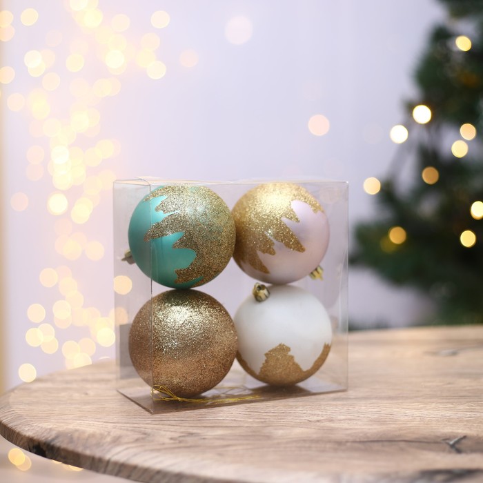фото Набор шаров «золотая поталь», 4 штуки, розовый, тиффани, белый, d-8 , пластик зимнее волшебство