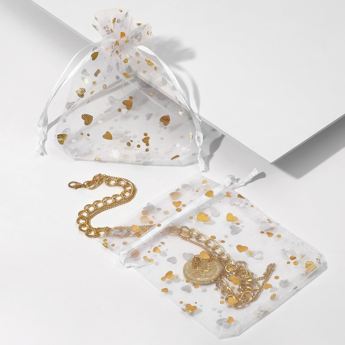 фото Мешочек подарочный "сердечки" маленькие, 9 х 11, цвет белый с золотом
