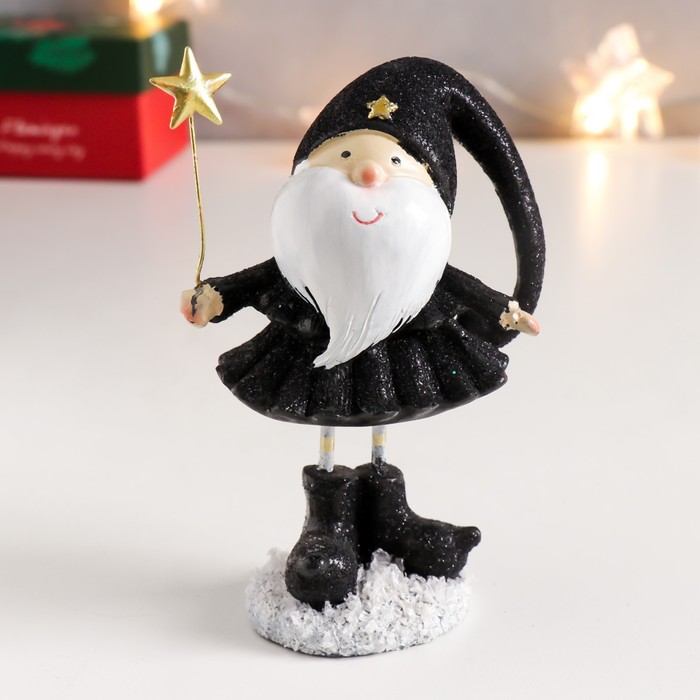 Сувенир полистоун Дед Мороз в чёрном кафтане, с звездой длинные ножки 11,5х6,5х4,5 см