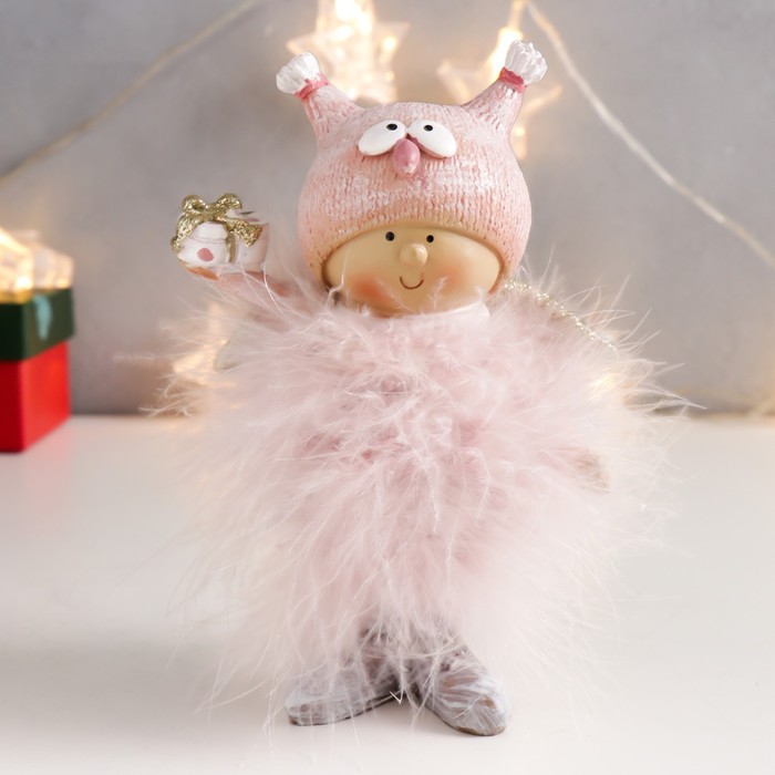 Сувенир полистоун Малышка-ангел в розовом, в шапке совы, с подарком пух 16,5х11х5 см