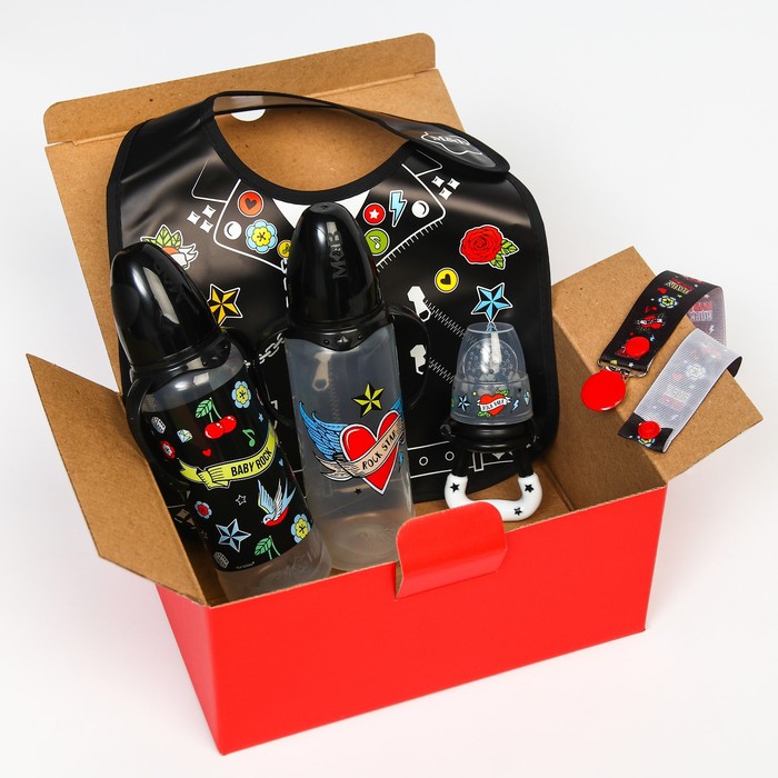 

Подарочный набор Rock baby 5 в 1: бутылочка 2 шт., нагрудник, ниблер, держатель для пустышки