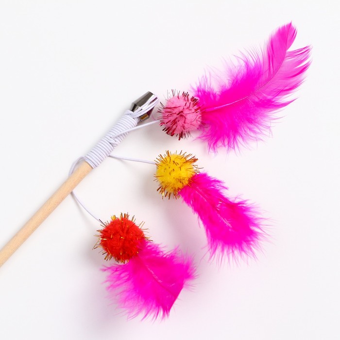 фото Дразнилка - удочка "салют из перьев с шариками" на деревянной палочке, микс цветов пижон