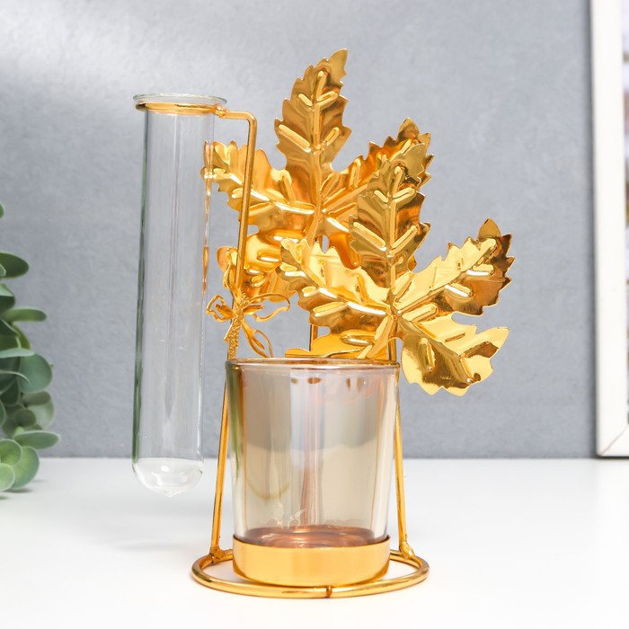 Подсвечник металл, стекло на 1 свечу с вазой Золотые листья d-5 см, 7,5х14х18,5 см