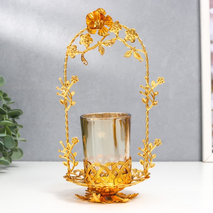 Подсвечник металл, стекло на 1 свечу "Цветочная арка" d-5 см, золото 9,5х11х20 см