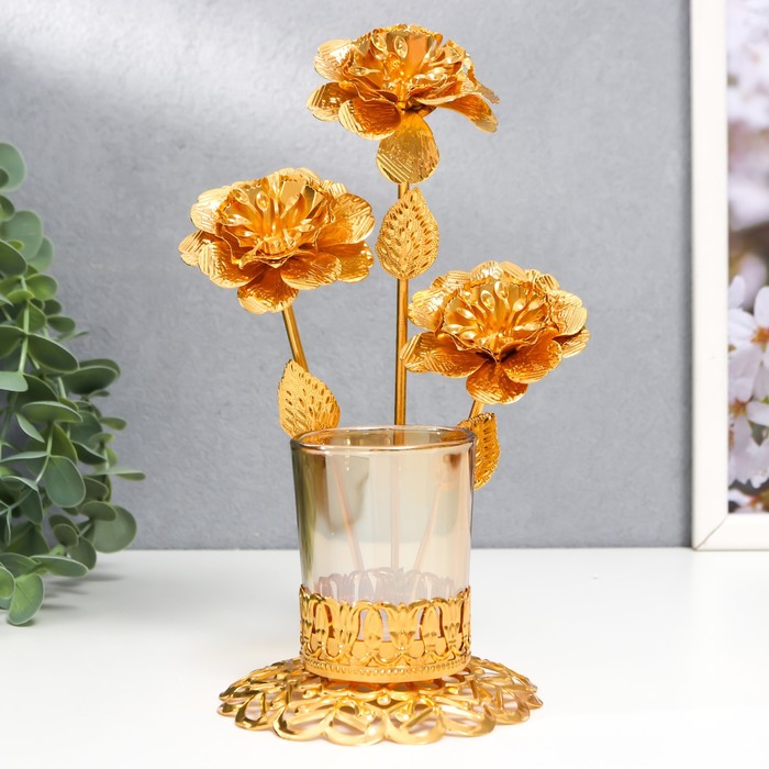 Подсвечник металл, стекло на 1 свечу Золотые цветы d-5 см 9,5х13х19 см