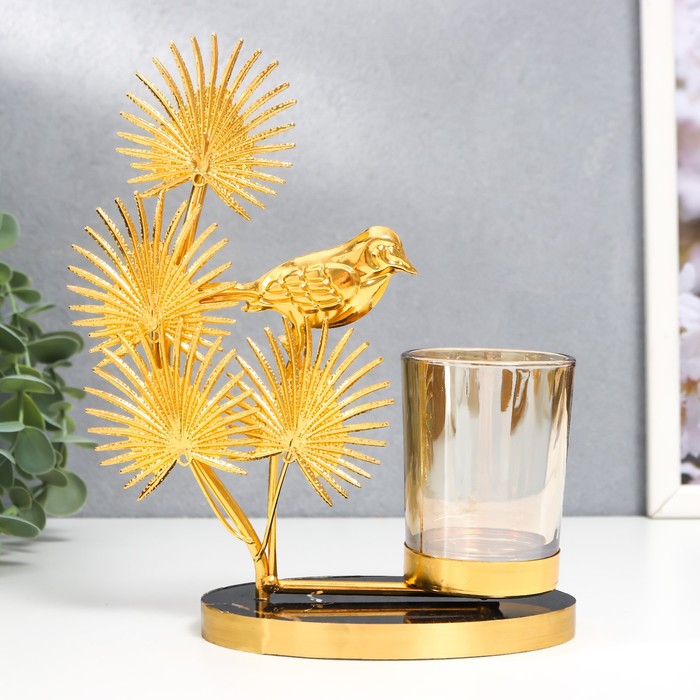 Подсвечник металл, стекло на 1 свечу Птица на пальме d-5 см, золото 8х16х19 см