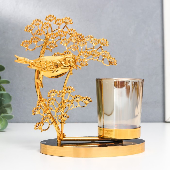 Подсвечник металл, стекло на 1 свечу Птица на деревце d-5 см, золото 8х15х17,5 см