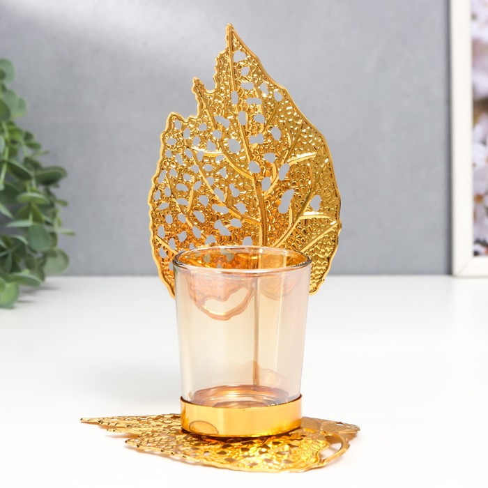Подсвечник металл, стекло на 1 свечу Золотые листики d-5 см 8х12х16,5 см