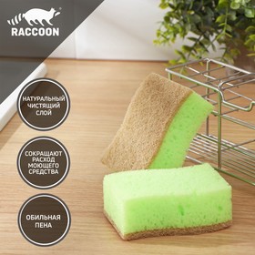 Набор губок для мытья посуды Raccoon «ЭКО-стиль», 2 шт, 10,8×7×4 см, крупнопористый поролон + экосизаль, цвет зелёный