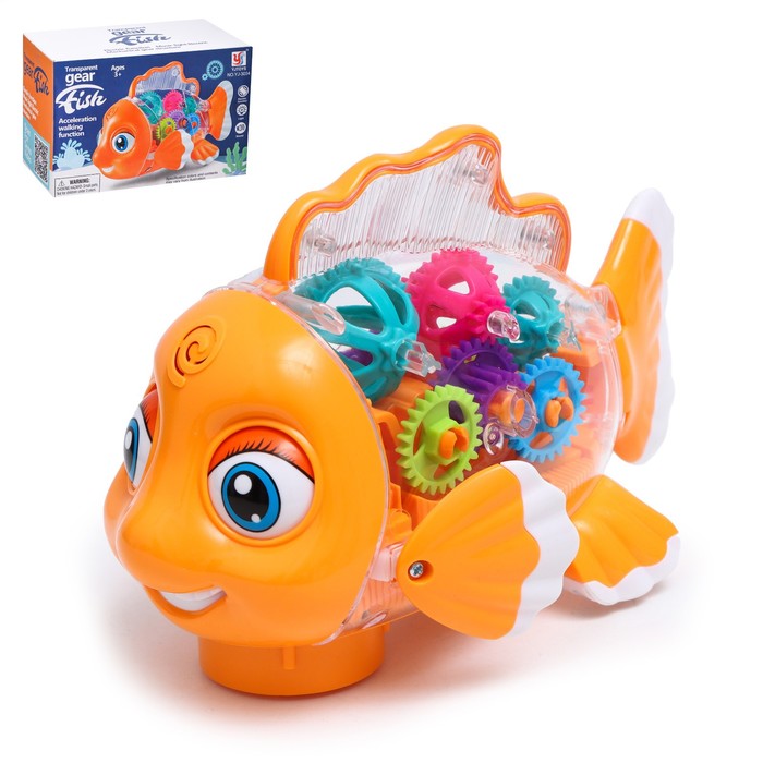 Рыбка "Шестерёнки", свет и звук, работает от батареек, цвет оранжевый