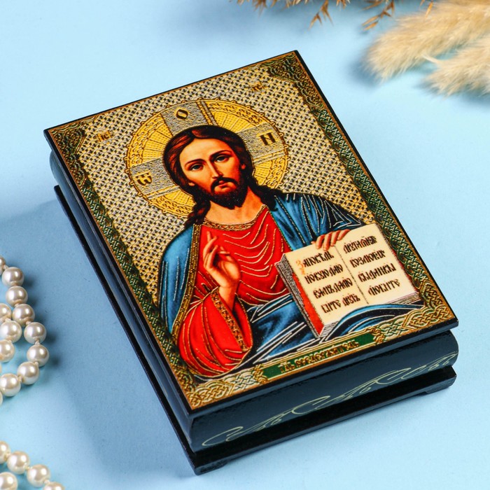 шкатулка святитель николай чудотворец 10×14 см лаковая миниатюра Шкатулка «Спаситель» 10×14 см, лаковая миниатюра