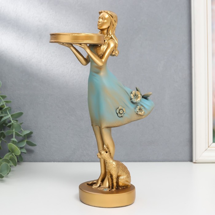 Сувенир полистоун подсвечник Девушка с котом d- 5 см, голубой с золотом 8,2х14х25,5 см