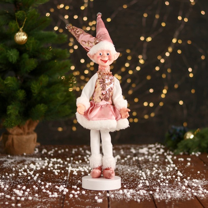 фото Новогодний шут "в платье с пайетками и мехом" 30 см, розово-белый зимнее волшебство
