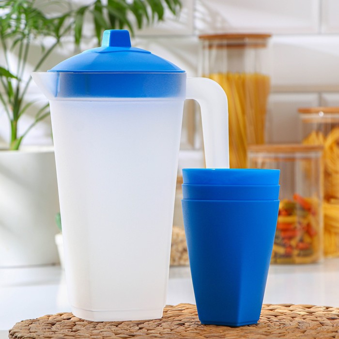 фото Набор для напитков пластиковый, 4 предмета, кувшин 2 л, 3 стакана 500 мл, 20×12×26 см, цвет голубой sparkplast