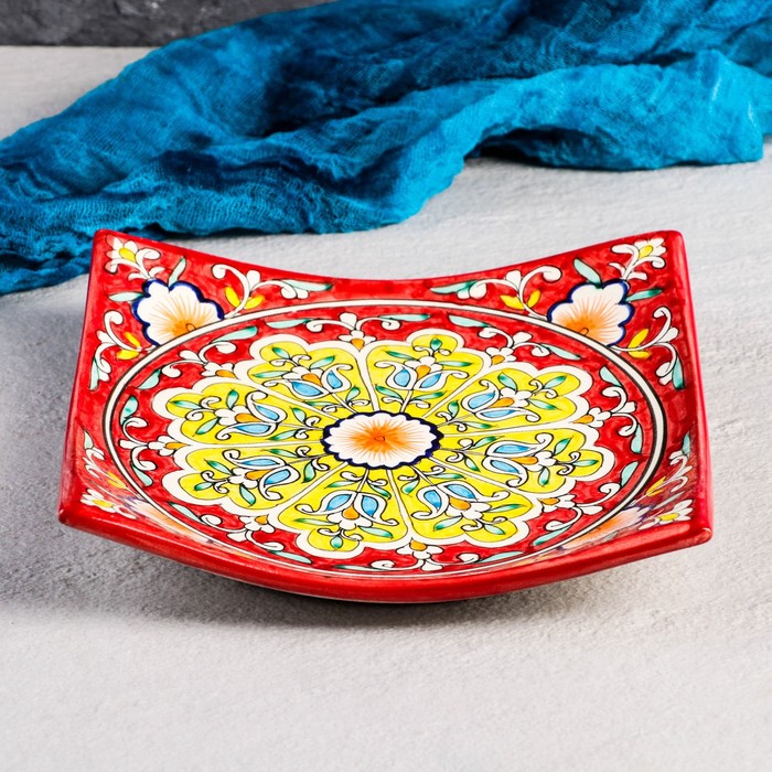 Тарелка Риштанская Керамика Узоры, красная, 20 см, квадратная тарелка риштанская керамика узоры 28 см красная